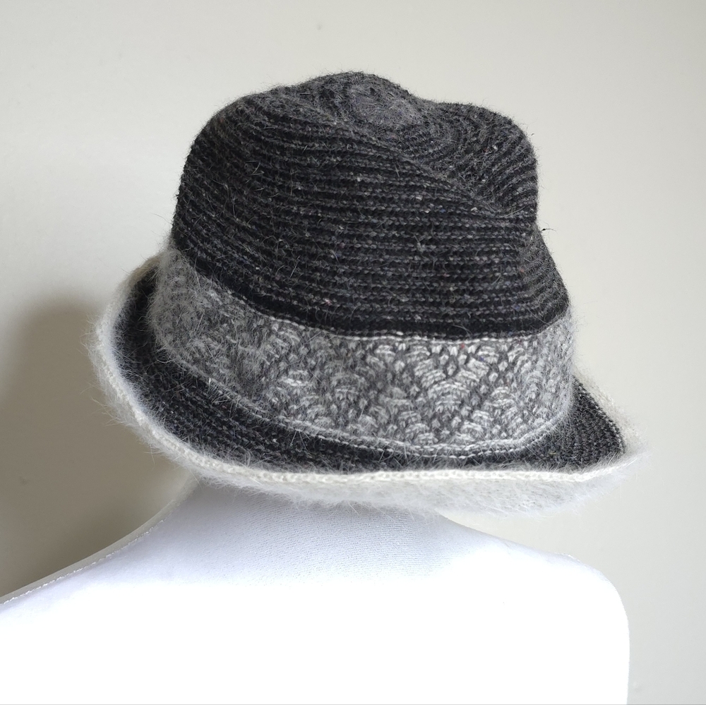 NWT BCBGeneration Angora Fedora Bucket Hat Small Medium Black Gray Fuzzy Winter